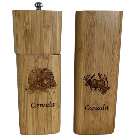 Wooden Salt Shaker and Pepper Grinder Engraved with a Bear & Moose & Canada - Picture 1 of 9